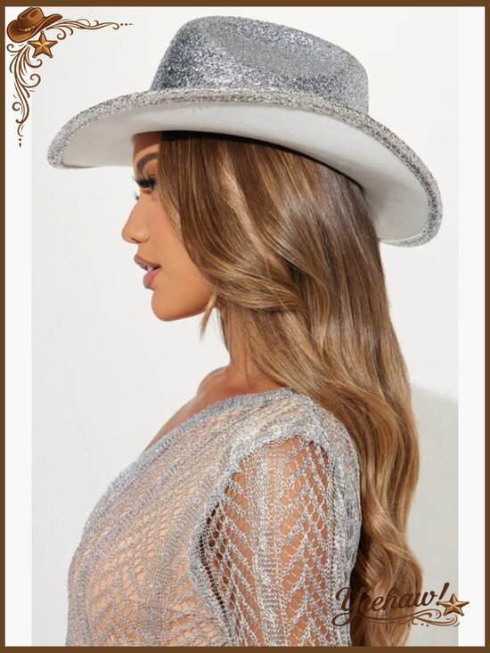Adjustable Glitter Cowboy Hat with Wide Brim for Costume Parties